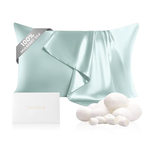 Image of THXSILK Silk Pillowcase for Hair and Skin, 100% Mulberry Silk Bed Pillowcase 22 Momme, Hypoallergenic Soft Breathable Silk Pillow Case with Hidden Zipper, King Pillow Case 20 inchx36 inch, Light Blue