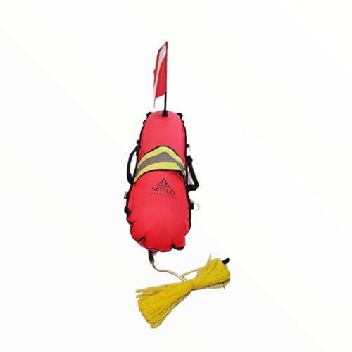 Soflo Spearfishing Hi-Visibility Inflatable Torpedo Buoy Float Signal - Dive Safety Flag - 20m (65 Feet) Dive Line - Scuba Diving Freediving Snorkeling & Swimming - High Visibility Strap