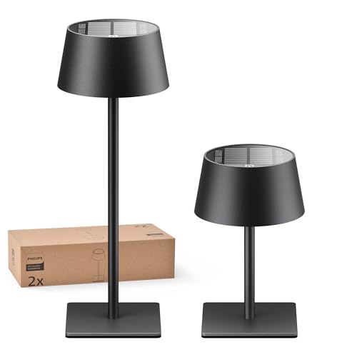 Philips Solar Outdoor Table Lamp, Portable LED Desk Light,Cordless Battery-Operated,2 Adjustable Height, Touch Control & Stepless Dimming Night Light,Waterproof for Garden, Bedroom