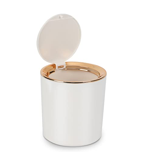 Senbaler Cubo de basura pequeño con tapa, redondo, 2.6 L, mini papelera de escritorio para baño, dormitorio, cocina, oficina (blanco)