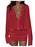 GORGLITTER Women's Mesh Sheer Mini Dress Ruched Button Down Long Sleeve Shirt Dresses Sexy Summer Going Out Outfits 2026 Red Small