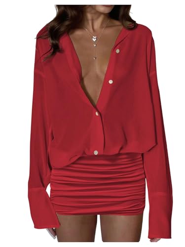 GORGLITTER Women's Mesh Sheer Mini Dress Ruched Button Down Long Sleeve Shirt Dresses Sexy Summer Going Out Outfits 2026 Red Small