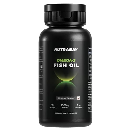 Image of Nutrabay Wellness Omega 3 Fish Oil 1000mg per Capsule, 180mg EPA, 120mg DHA - Vision, Memory, Heart, Skin & Hair Support, No Fishy Aftertaste - 60 Softgel Capsules | Tested for Purity | 100% Authentic