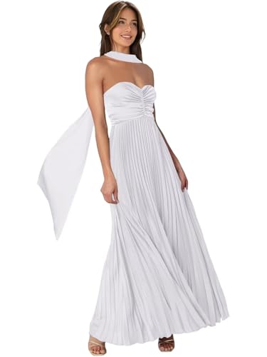 Eightale Strapless Long Bridesmaid Dresses with Scarf Satin Pleated A Line Maxi Formal Evening Gown for Women