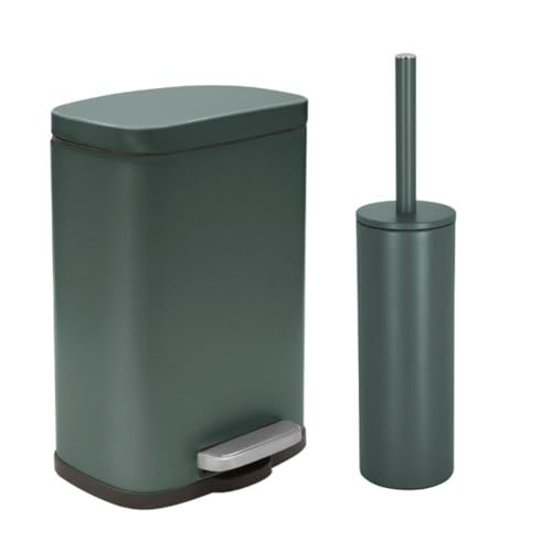 Spirella - Set Poubelle à Pédale + Brosse WC en Acier AKIRA - Fermeture Douce Easy-Close, Anti Trace de Doigts - 21,4 x 17,6 x 30 cm - 5L - Vert Foncé Mat