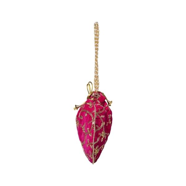 ISHANI TRENDS || Women's Ethnic Potli Designer Rajasthani Style Royal Clutch Silk Batwa Bag Zari Work Bridal Potli (PINK) - Image 6