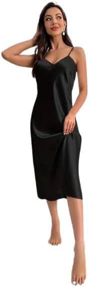 Satin Sleepwear Nightgown for Women A-Line Midi Length Slip Dress with Adjustable Straps Soft Silky Comfortable Nightwear for Ladies Elegant Satin Night Dress for Bedroom & Honeymoon