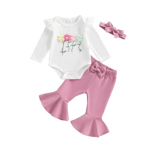 Beauace Baby Mädchen Kleidung Outfit 3D Blumen Druck Langarm Strampler + Schlaghose + Stirnband Schleifedruck Babykleidung Neugeborene Bekleidungsset für Baby-Mädchen (Weiß, 9-12 Monate)