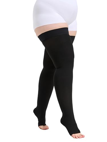 Image of Plus Size 5XL Thigh High Open Toe Compression Stockings 15-20mmHg for Men and Women, Thigh High Length, Dot-Top, Open Toe, Black