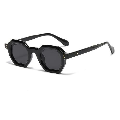 LJCZKA Retro Octagon Sunglasses for Women Men Trendy Unisex Vintage Polygon Shades Small Square Sun Glasses (Black Grey)