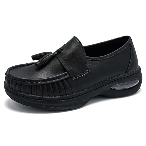 Women's Comfortable Nursing Shoes Anti Slip Leather Health Care Nurse Work Catering Service Shoes Fashionable Casual Walking Loafers, Black2,39