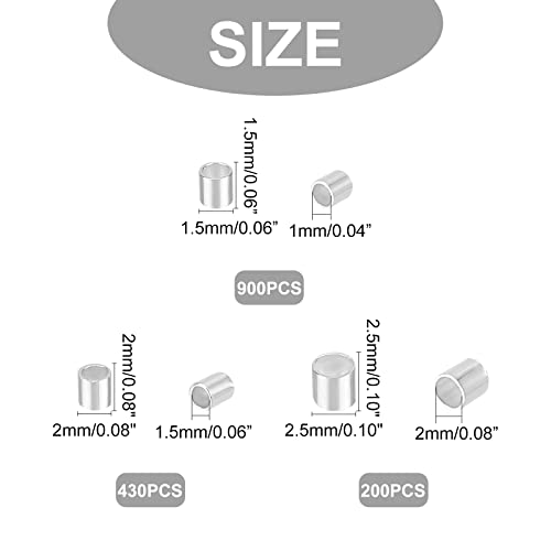 PandaHall Elite About 1530 Pcs Brass Tube Crimp Beads 3 Sizes for Jewelry Making Silver
