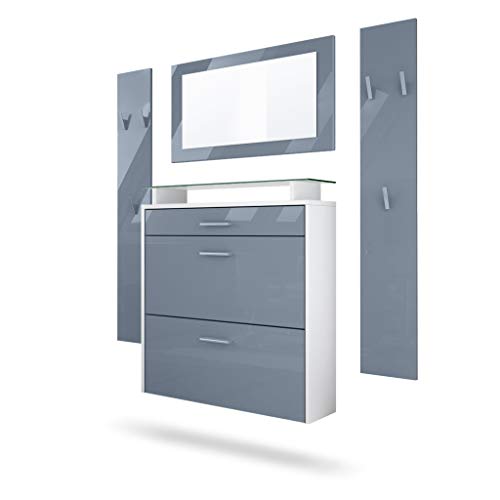 Vladon Garderobe Malea, Garderobenset bestehend aus 1 Hängeschuhschrank, 1 Wandspiegel und 2 Garderobenpaneele, Weiß matt/Grau Hochglanz