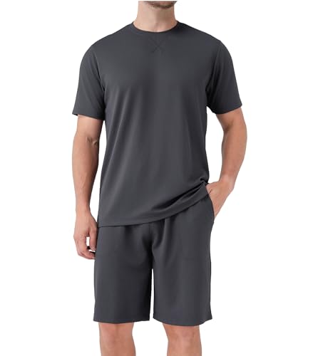 Image of DAVID ARCHY Men's Summer Pajamas Set Lightweight Breathable Short Sleeve Loungewear, Cooling Waffle Knit Sleepwear