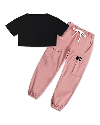 Image of SANGTREE Girls Fall Winter Clothing Sets, Girls Long Sleeve Crop Top and Cargo Jogger Pants Outfit Set,4T-14 Years