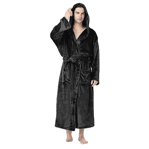 Mens Robe Fall Winter Warm Plush Bathrobe Solid Color Fleece Shower Robe With Hood Casual Long Sleeve Belt Cardigan