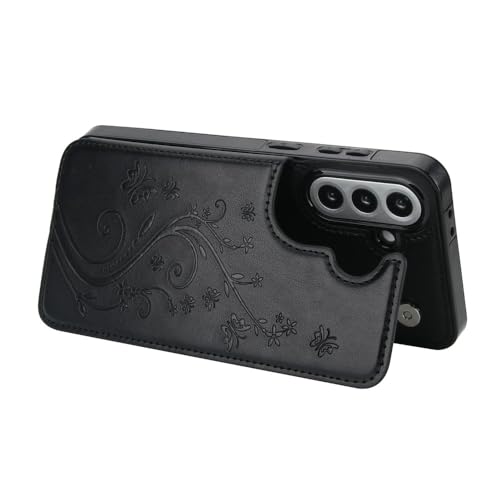 Étui compatible avec Samsung Galaxy A12 noir motif papillon housse portefeuille
