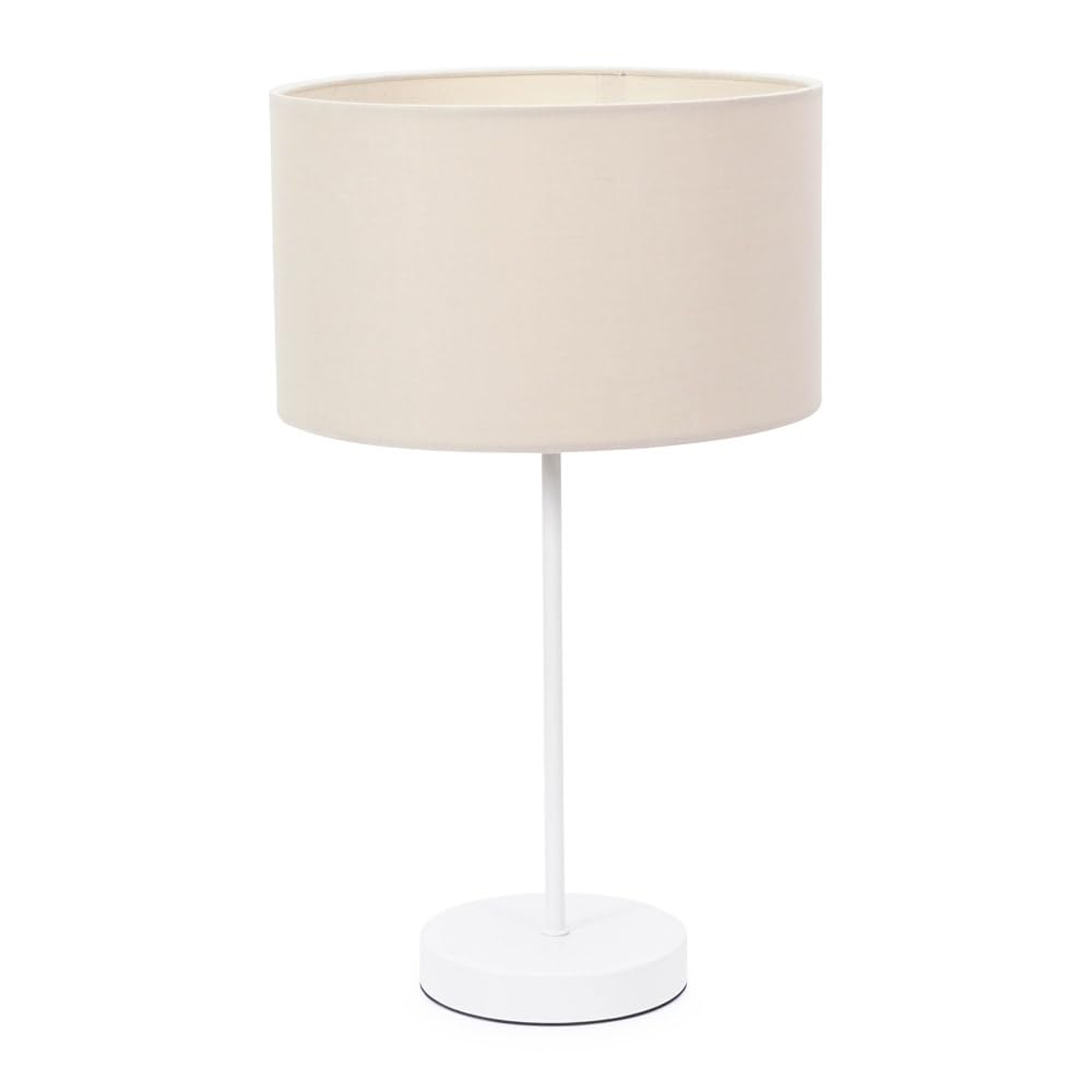 ValueLights Charlie Table Lamp - White Metal Stem - Natural Fabric Drum Shade - 43cm