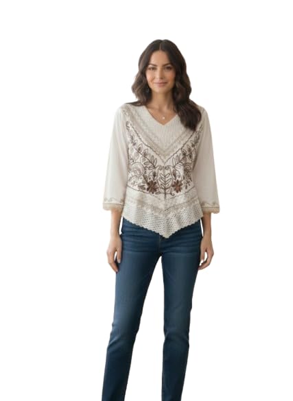 libaas india Women’s Boho Embroidered V-Neck Top | Stylish Lace Hem A-Line Casual Tunic | Trendy Ethnic Floral Design 3/4 Sleeve Rayon Top for Women-picture-46