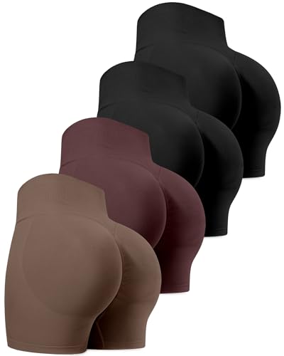 CHRLEISURE Workout Gym Biker Shorts, High Waisted Butt Lifting Scrunch Butt Sports Seamless Shorts Sets 4 Piece (2BlackBrownCassis,L)