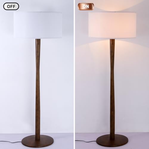 Image of 62 inch Tall Rustic Walnut Wood Floor Lamp with Large Linen Shade, White | Farmhouse Wood Floor Lamp, UL Listed Standing Lamps with Wooden Base for Living Room, Bedroom, Dining Room, Home