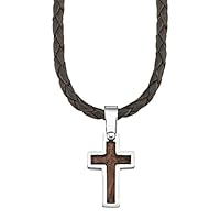 s.Oliver Kette mit Kreuzanhänger für Jungen, Anhänger: Holz/Edelstahl, Kette: Echtes Leder, Silber/Braun