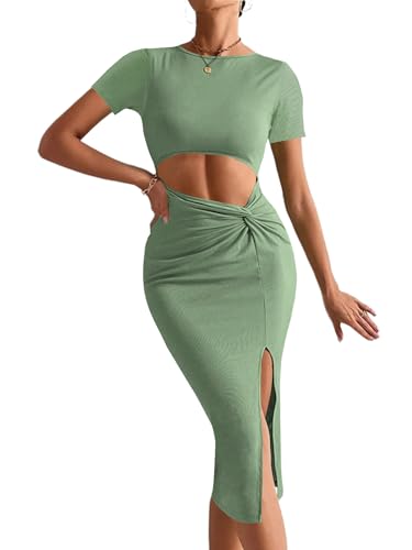 Image of Rooscier Women's Twist Cutout Waist Split Crewneck Short Sleeve Bodycon Midi Dress