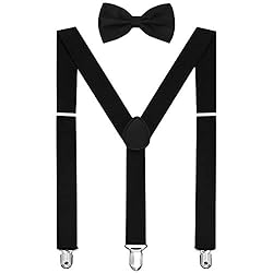 HABI Solid Color Mens Suspender Bow Tie Set Clip On Y Shape Adjustable Braces (Black)