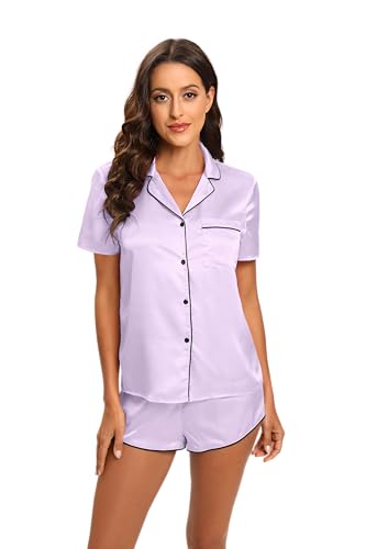 Image of Silk Pajamas for Women Satin Womens PJ Set 2 Piece Short Lounge Set Summer Sleepwear Notch Collar Button-Down Pjs