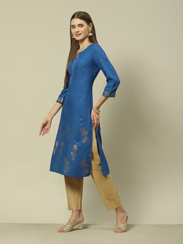 Image of Rangriti Blue Liva Straight Printed Kurta for Women
