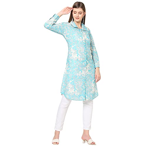 Image of CLOTH HAUS INDIA Floral Printed Shirt Collar Modal Kurti
