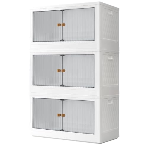 EHAMILY 19 Gal Stackable Storage Bins with Lids 3 Pack,Collapsible Storage Bins with Doors Plastic Folding Storage Box with Wheel,Large Foldable Storage Boxes for Dormroom Clothes,Grey -  A31GY3