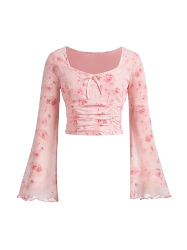 Milumia Girl's Floral Print Bowknot Bell Sleeve Crop Tops Square Neck Ruched T Shirts Pink 10Y