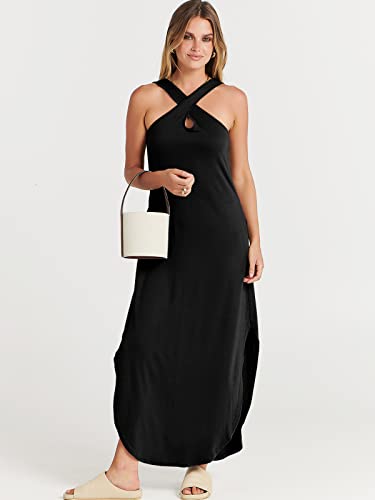 Image of ANRABESS Women's Casual Summer Maxi Dress Sexy Slit Side Sleeveless Loose Beach Long Sundress Vacation Outfits with Pockets Black X-Large