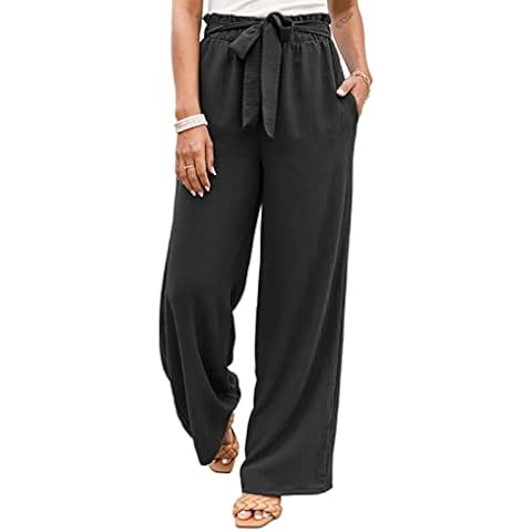 NIMIN Wide Leg Pants for Women High Waisted Dress Linen Pants Loose Business Casual Palazzo Pants Flowy Summer Beach Pants with Pockets Black Medium Cover