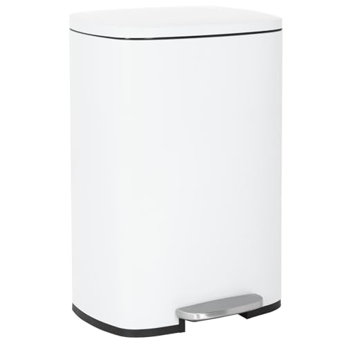 13 Gallon/50 Liter Kitchen Trash Can, Fingerprint Proof Stainless Steel Kitchen Garbage Can with Removable Inner Bucket and Hinged Lids, Step Trash Bin Pedal Rubbish Bin for Home Office,WHITE