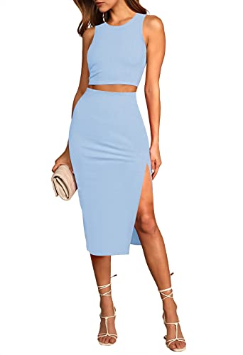 HUUSA 2 Piece Dress for Women Sexy Sleeveless Slim Bodycon Split Midi Dresses Casual Crewneck Tank Tops High Waist Skirt Sets