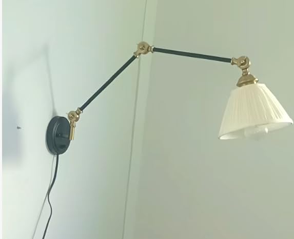 Image of Plug in Wall Sconces Set of Two, Black Gold Swing Arm Wall Lamp with 6.6FT Plug-in Cord and Knob Switch, Fabric Hardwired Wall Lights for Bedroom, Study Room, Office, Living Room (2 Pack)