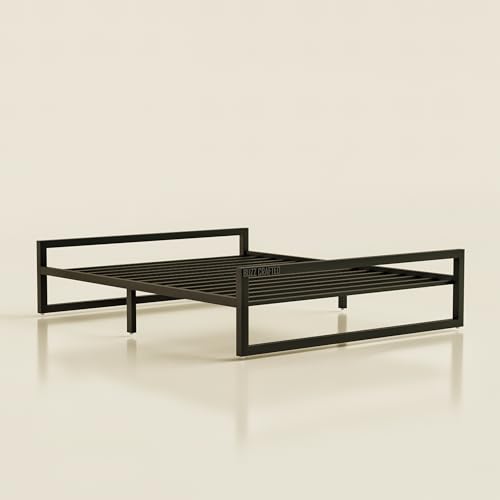 Image of Queen Size Metal Bed Frame | Queen Metal Bed | QueenSize Iron Bed | Queen Steel Bed | Heavy Duty Platform Bed | Double Bed Cot | Steel Slat Bed Frame | Powder Coated | No Box Spring Needed | Black