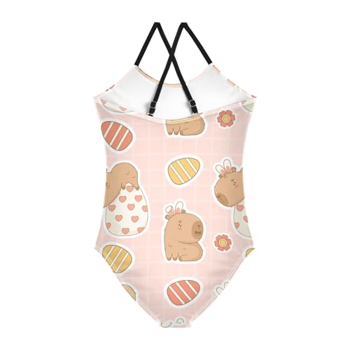 Girls One Piece Swimsuits Cute Capybara with Easter Eggs Sport Halter Swimwear Beach Bathing Suit, 3T2