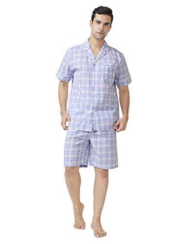 DAVID ARCHY Men's Lightweight Sleepwear Woven Cotton Button-Down Short Sleeve Lapel Collar Pajamas Set Summer Loungewear (M, Light Blue Stripe)