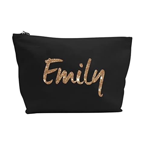 Personalised Name Make up Accessory Wash Bag In Black Colour. Metallic or Glitter Print Christmas Gifts Presents Birthdays (Glitter Rose Gold) Cover