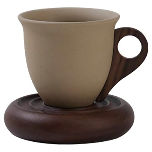 Taza de café cónica de cerámica con base y asa de madera miniatura 1