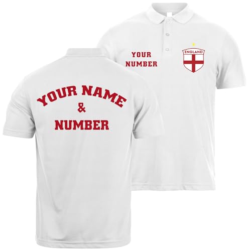 Polo Hombre Manga Corta de Fútbol | Regalo Personalizado con tu Nombre y Número | Inglaterra 2026 (L Blanco Multicolor)
