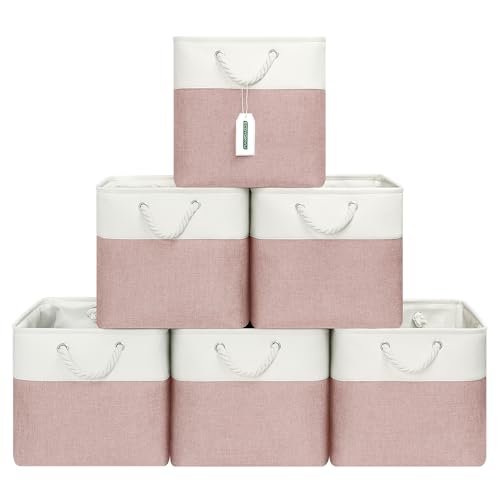 ECDYQXVU 13x13 Inch Cube Storage Bins with Reinforced Bottom Cardboard, 6 Pack Large Foldable Fabric Storage Cubes with Handles for Shelf, Closet, Laundry Organization (White&Pink)