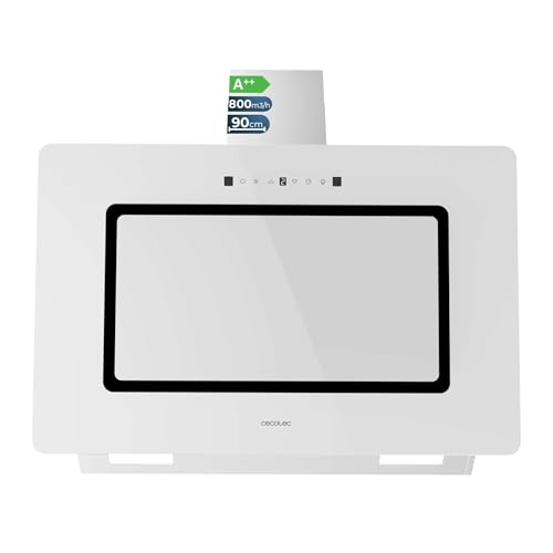 Cecotec Campana Extractora Decorativa 90cm Bolero Flux DT 908002 Glass White A++. Motor 210W, Vidrio Blanco, Inox, Succión 800m3/h, Control Táctil, 3 Niveles, Booster, Filtro Carbono, Hand Movement