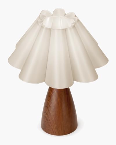 Image of Homesake Wood Grain Pattern Small Table Lamp, Desk Light, Wooden Bedroom Lamps for Nightstand, Scalloped Lamp Shade Table Lamps Small Spaces, Bedroom, Living Room, Taper Cone, (Flower Ribbon)