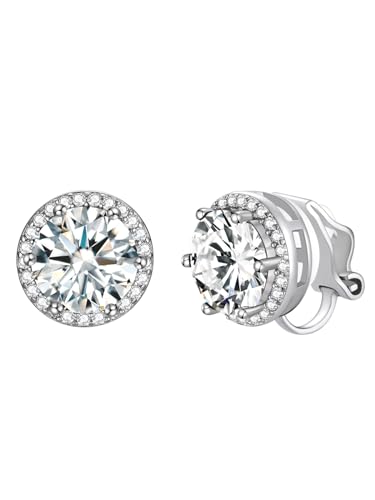 FindChic 925 Sterling Silver Non-Pierced Stud Earrings Round Birthstone Clip-on Earrings for Women Girls Sparkling Zirconia/Moonstone Studs, with Gift Box
