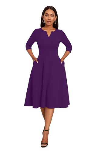 Image of Nmoder Midi Dresses for Women A-Line Fit and Flare Dress 3 /4 Sleeve V Neck Cocktail Wedding Guest Work Dress with Pockets