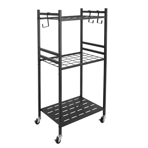 Gartenwerkzeug Organizer mit 3 Haken, Metall Gartenwerkzeugregal Gerätehalter Organizer Gartenwerkzeug Halter mit Rollen und Rad, 3-stöckiges Metall-Utility-Regal für Garten und Garage Garagen